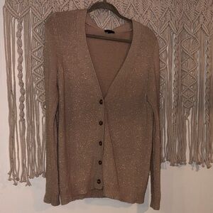 Ann Taylor Taupe Metallic-Thread V-Neck Cardigan